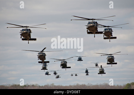 US Army UH 60 Black Hawk elicotteri condurre una massa air assault con i soldati della 101ª Divisione aviotrasportata durante il funzionamento Golden Eagle Aprile 8, 2014 a Fort Campbell, Kentucky. Foto Stock