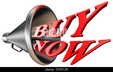 Acquista ora red parola nel megafono isolati su sfondo bianco. percorso di clipping incluso Foto Stock