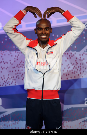 Mo Farah svela il suo nuovo figure di cera al Madame Tussauds di Londra. Foto Stock