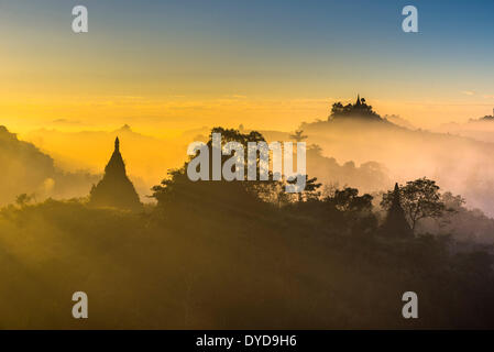 Pagode circondato da alberi, nella nebbia, nella luce del mattino, Mrauk U, Sittwe distretto, Stato di Rakhine, Myanmar Foto Stock
