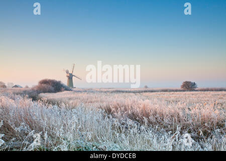 St Benets mulino di drenaggio alla prima luce in seguito ad un inverno brina su Norfolk Broads. Foto Stock