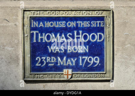 Targa blu segna il luogo di nascita di umorista e poeta Thomas Hood nel pollame. Foto Stock