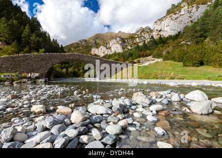 San Nicolas de Bujaruelo bridge nel Parque Nacional de Ordesa y Monte Perdido nei Pirenei. Foto Stock