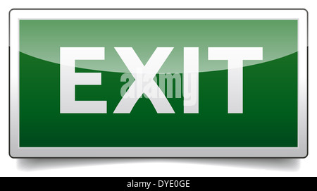 Uscita isolata, segno di emergenza con la riflessione e l'ombra su sfondo bianco. Foto Stock