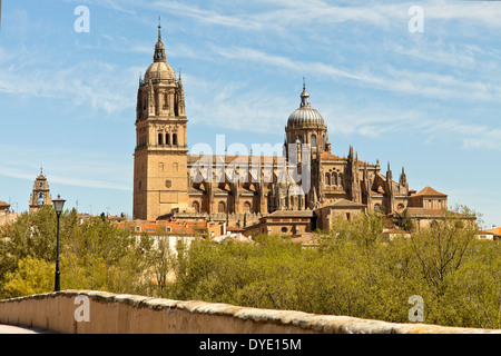 Vista dal Puente Romano a.k.a. il vecchio ponte romano sulla nuova cattedrale, Salamanca, Castilla y León, Spagna. Foto Stock