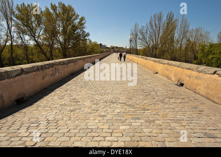 Persone che passeggiano sul Puente Romano a.k.a. il vecchio ponte romano, Salamanca, Castilla y León, Spagna. Foto Stock