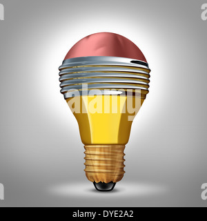 Creative Design il concetto di business come una lampadina elettrica simbolo costituito da un tridimensionale di una matita come una metafora di creatività per la gestione intelligente di idee brillanti e innovativo. Foto Stock