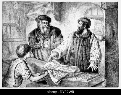 Johannes Gutenberg esaminando prima prova dalla stampa, xv secolo, incisione, 1878 Foto Stock