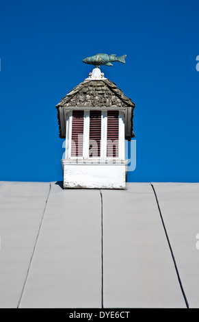 Vintage tetto a cupola con un insolito pesce banderuola e cielo blu su un fienile in Vermont, New England, autunno American Foto Stock