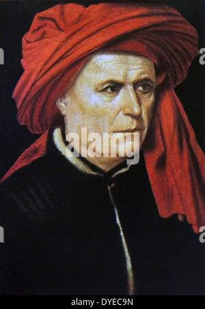 Life-size ritratto di un marito che indossa un mantello scuro con e un colore rosso scuro turbante. Da un ignoto pittore fiammingo. Foto Stock