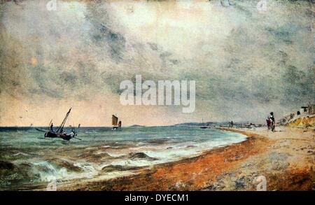 Olio pittura paesaggio intitolato "Hove Beach con barche da pesca". Il dipinto raffigura barche da pesca vicino alla spiaggia di Hove in Inghilterra. Da John Constable (1776 - 1837) romantico inglese pittore noto per la sua pittura di paesaggio. Datata 1824 Foto Stock