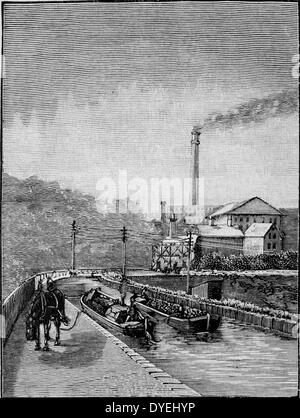 A cavallo delle chiatte incrocio sulla Barton viadotto sul fiume Irwell sul Duca di Bridgewater Canal, costruito da James Bindley. Incisione, Londra, 1892. Foto Stock