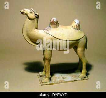 Due-humped bactrian camel. Max ht: 35 cm; Sui dinastia, Cina,581 - 618 D.C. in ceramica smaltata. Il dorso del cammello è coperto con una grande sella-panno. Parti superiori in paglia-smalto con tracce di pigmento scuro. Foto Stock