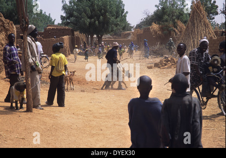 La iena pet è parte del circus animista truppa. Animisti credere che il proprietario riceve alimentazione dall'animale. Stato di Kano, Nigeria Foto Stock