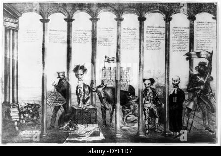 Cartoon politico da anonimo artista satirising Jackson, amministrazione rimettere in questione il suo Settembre 1833 decisione di rimuovere depositi federale dalla Banca degli Stati Uniti. Utilizzando filastrocca " la casa che Jack costruito" come base per la progettazione. Circa inizio a metà del XIX secolo. Foto Stock