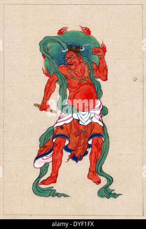 Buddista mitologici o indù la figura di intera lunghezza, in piedi, rivolto verso la parte anteriore, con lunghi Sash verde e fiamme di alone verde dietro la sua testa. 1878 Foto Stock