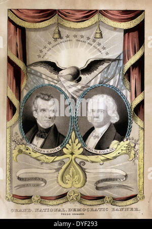 Uno dei numerosi i banner della campagna di Nathaniel Currier è noto per aver prodotto per i democratici in 1844. Esso presenta due laurel-inghirlandato, ovale ritratti di presidenziale democratico e vice-candidati presidenziali James K. Polk (sinistra) e George M. Dallas (a destra). La stampa imita i drappi appesi e fiocchi di stoffa banner, che aspirano a un 'trompe-l'oeil' effetto. Al centro, sopra i ritratti, appaiono un aquila e diverse bandiere nordamericane. Foto Stock