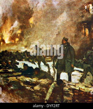 La pittura del campo di battaglia, che mostra i soldati in trincee circondato da incendi ed esplosioni. Vivere e soldati morti simili. Artista sconosciuto. Circa 1900. Foto Stock