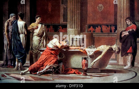 La morte di Seneca. Manuel Dominguez Sanchez, 1840-1906., artista spagnolo olio su tela, 1871. Il Museo del Prado. Lucius Annaeus Seneca c. 4 BC - AD 65, era un romano stoico filosofo e statista, drammaturgo, e in uno lavoro umorista, dell'Argento Età della letteratura latina. Egli è stato tutor e successivamente advisor per l'imperatore Nerone. Mentre egli è stato costretto a commettere il suicidio per la presunta complicità nell'Pisonian congiura per assassinare il nero, egli potrebbe essere stato innocente Foto Stock