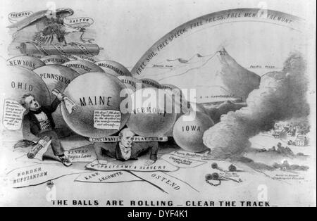 Le sfere sono il rotolamento - cancella la traccia 1856 . Un repubblicano vantano, mostrando Millard Fillmore (sinistra) e James Buchanan schiacciato da un alluvione elettorale di sfere gigante con iscritti i nomi del Nord e Stati occidentali. Nathaniel Currier Foto Stock