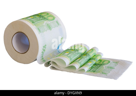 I fondi europei di vernice sulla carta igienica. Dipanate roll isolato su bianco. Foto Stock
