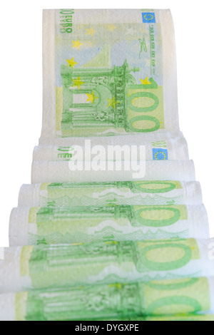 Valuta Europea banconote stampate su carta igienica isolare Foto Stock