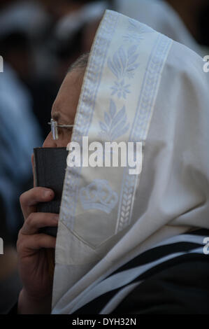 (140418) -- Gerusalemme, 18 aprile 2014 (Xinhua) -- un ebreo prega presso il Muro occidentale nella città vecchia di Gerusalemme, il 17 aprile 2014. La Pasqua è un importante biblicamente derivati festival ebraico celebrato dal 14 aprile al 21 aprile di quest'anno. Il popolo ebraico celebrare la Pasqua come una commemorazione della loro liberazione oltre 3.300 anni fa da Dio dalla schiavitù in Egitto che era governata dai faraoni e le loro libertà come una nazione sotto la guida di Mosè. Essa commemora la storia dell'Esodo come descritto nella Bibbia ebraica e soprattutto nel libro dell Esodo, in cui gli Israeliti wer Foto Stock