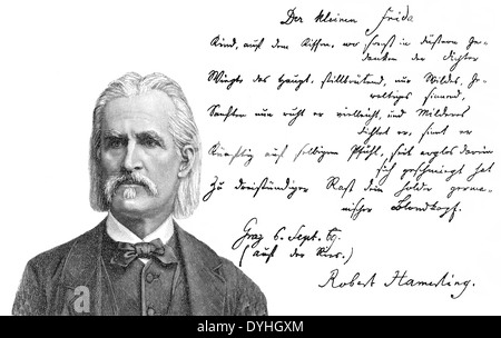 Manoscritto storico e ritratto di Robert Hamerling o Johann Rupert Hammerling, 1830-1889, un poeta austriaco Foto Stock