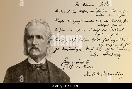 Manoscritto storico e ritratto di Robert Hamerling o Johann Rupert Hammerling, 1830-1889, un poeta austriaco Foto Stock