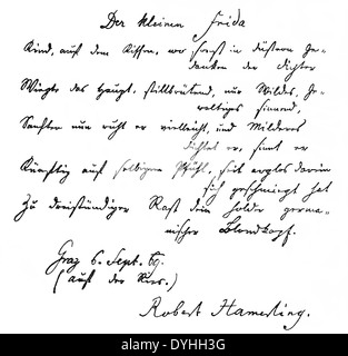 Manoscritto storica di Robert Hamerling o Johann Rupert Hammerling, 1830-1889, un poeta austriaco Foto Stock