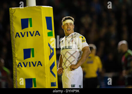 Londra, Regno Unito. Xviii Apr, 2014. Leicester Anthony ALLEN durante la Aviva Premiership match tra arlecchini e Leicester Tigers a chinarsi Credito: Azione Sport Plus/Alamy Live News Foto Stock