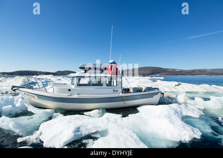 Canada, Nunavut Territorio, C-Dory expedition boat catturati nel Mare di ghiaccio in stretto congelati vicino Isola Bianca su mattinata estiva Foto Stock