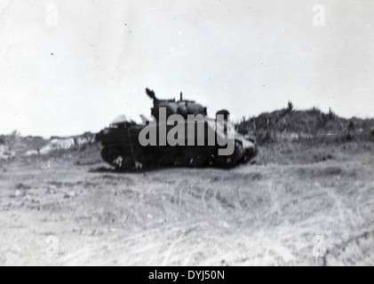 Questa foto della collezione VP-14/VB-102/VPB-102 raffigura la guerra corazzata durante la seconda guerra mondiale, mostrando il carro armato M4 Sherman in azione con il pattugliatore PB4Y, evidenziando gli sforzi combinati delle forze terrestri e aeree. Foto Stock