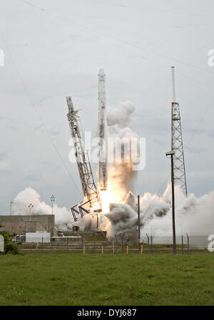 La SpaceX Falcon 9 rocket di blasti off in un cielo nuvoloso il sollevamento del Dragon capsule per la Stazione Spaziale Internazionale dal Kennedy Space Center Aprile 18, 2014 in Cape Canaveral, in Florida. La SpaceX-3 missione, portando quasi 2,5 tonnellate di materiali di consumo, la tecnologia e la scienza esperimenti, è il terzo di dodici voli attraverso un 1,6 miliardi di dollari della NASA di rialimentazione commerciale contratto di servizi. Foto Stock