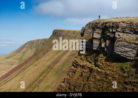 Escursionista femmina su Carmarthen ventole - Bannau Sir Gaer con Picws Du in distanza, Montagna Nera, Parco Nazionale di Brecon Beacons, Galles Foto Stock