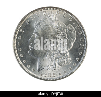 Primo piano di una Morgan Silver Dollar, facce, isolato su bianco Foto Stock