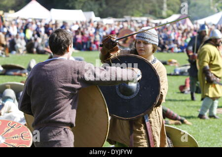 Dublino, Irlanda. Il 19 aprile 2014. Due reenactors vestito da guerriero irlandese e Viking lotta uomo contro l'uomo. I mille anni di anniversario della battaglia di Clontarf tra l'Alto Re Irlandese Brian Boru e una forza di coalizione dai regni di Dublino, il Leinster e i vichinghi è stato celebrato con un fine settimana di reenactments, che ha visto la partecipazione di circa 40.000 visitatori. Credito: Michael Debets/Alamy Live News Foto Stock