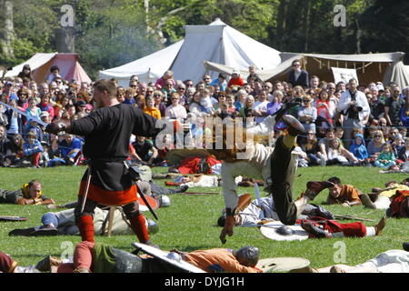 Dublino, Irlanda. Il 19 aprile 2014. Due reenactors vestito da guerriero irlandese e Viking lotta uomo contro l'uomo. I mille anni di anniversario della battaglia di Clontarf tra l'Alto Re Irlandese Brian Boru e una forza di coalizione dai regni di Dublino, il Leinster e i vichinghi è stato celebrato con un fine settimana di reenactments, che ha visto la partecipazione di circa 40.000 visitatori. Credito: Michael Debets/Alamy Live News Foto Stock