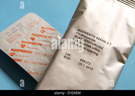 Augmentin 625mg Antibiotici pacchetto Co-Amoxiclav compresse Foto Stock