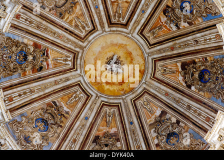 Vista guardando verso l'alto sull'altamente decorato la cupola del Duomo Nuovo, Salamanca, Castilla y León, Spagna. Foto Stock