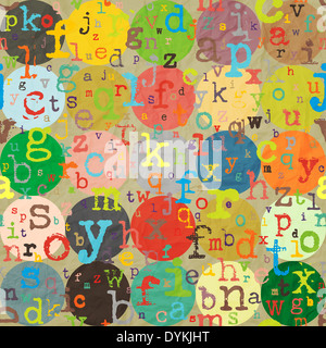 Modello senza cuciture con lettere colorate e cerchi sulla trama della carta Foto Stock