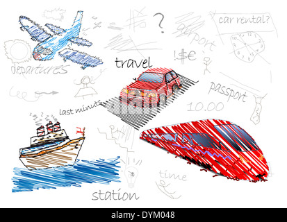 Illustrazione del concetto di trasporto lo schizzo di linee e testo Foto Stock