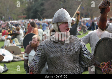 Un costume Viking warrior durante la battaglia rievocazione della battaglia di Clontarf Festival in Raheny, Dublino Foto Stock