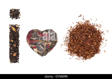 Io amo rooibos tè alle erbe. Tè tradizionale ordina. Nero Earl Grey, verde giapponese e rooibos tea isolati su sfondo bianco. Foto Stock