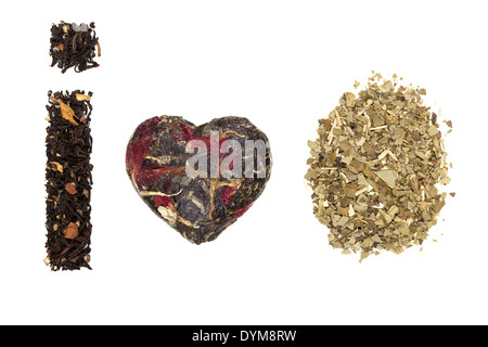 Tè tradizionale dello sfondo. Mate tè nero, tè Earl Grey isolati su sfondo bianco. Io amo il tè. Foto Stock