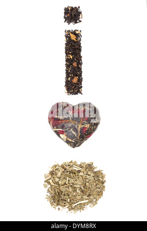 Mi piace il concetto di tè. Mate, tè nero Earl Grey e compressa di foglie di tè verde formando io amo il tè insieme. Vari tipi di tè isolato Foto Stock