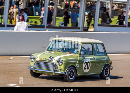 1963 Morris Mini Cooper S con driver Nick Swift durante il Trofeo Sears gara. 72a Goodwood assemblea dei soci, Sussex, Regno Unito. Foto Stock