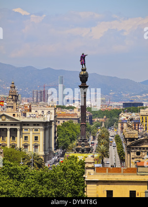 Monumento a Cristoforo Colombo nel porto di Barcellona, in Catalogna, Spagna Foto Stock