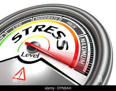 Livello di stress misuratore concettuale che indica la massima, isolato su sfondo bianco Foto Stock