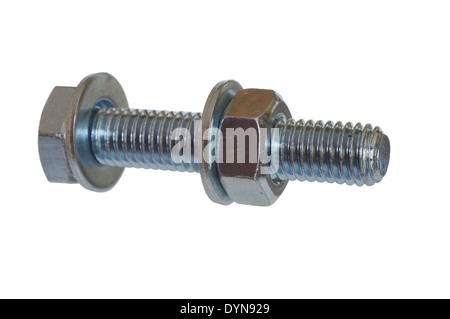 Avvitare il dado e la rondella su sfondo bianco Foto Stock